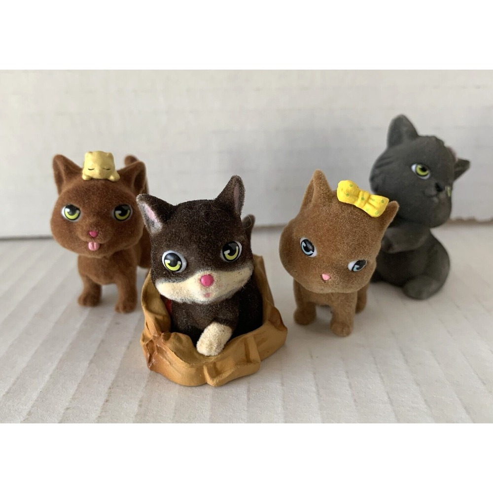 Kitty in My Pocket Flocked Cat LOT of 4 Brown Gray Kitten in Basket